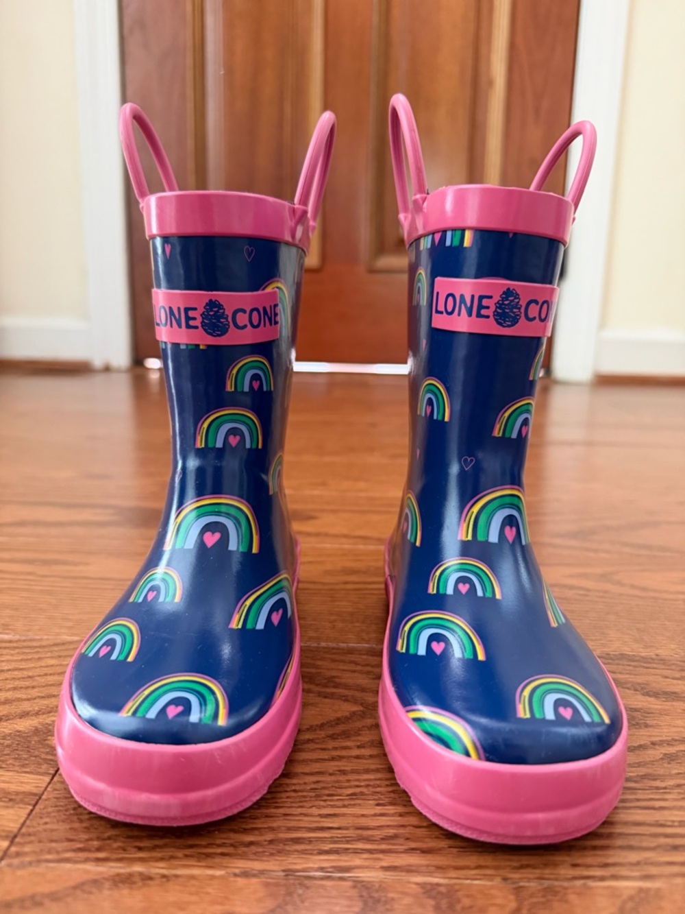 Kids Lone Cone Rain Boots - Navy with Pink Trim and Rainbow Print - size 10